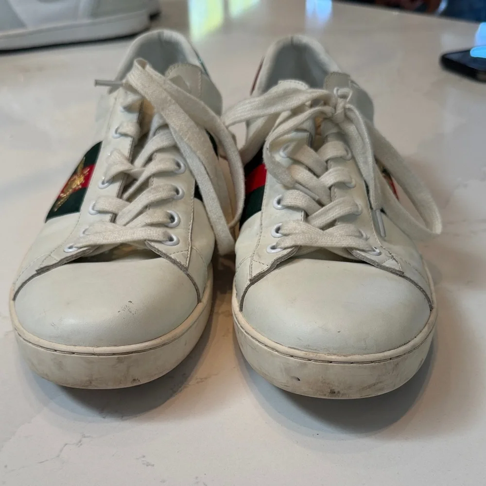 Gucci Ace Bee White Leather Sneakers with Red & Green Stripe Bee Accent